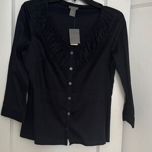 Ann Taylor Navy Ruffled Button-Down Shirt